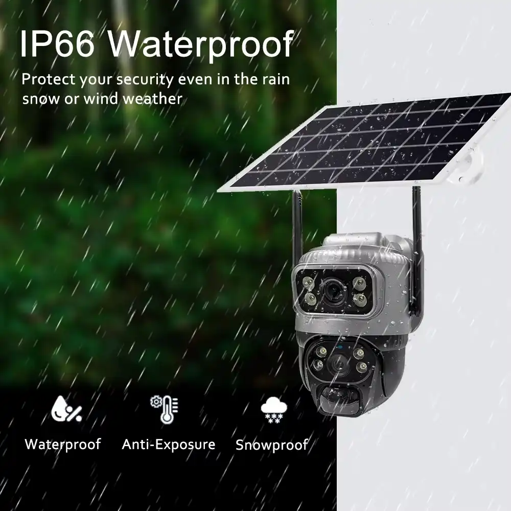 8MP 4K Solar 4G WiFi Security Camera A 4G security camera solar powered unit, showing its dual lenses, 8MP quality, and a smartphone displaying its dual-screen view.