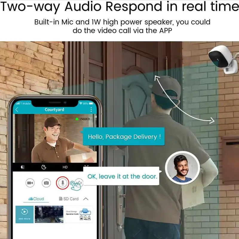 Real-Time Two-Way Audio Respond A diagram demonstrating the camera's two-way audio feature, being used to talk to a delivery driver at the door.