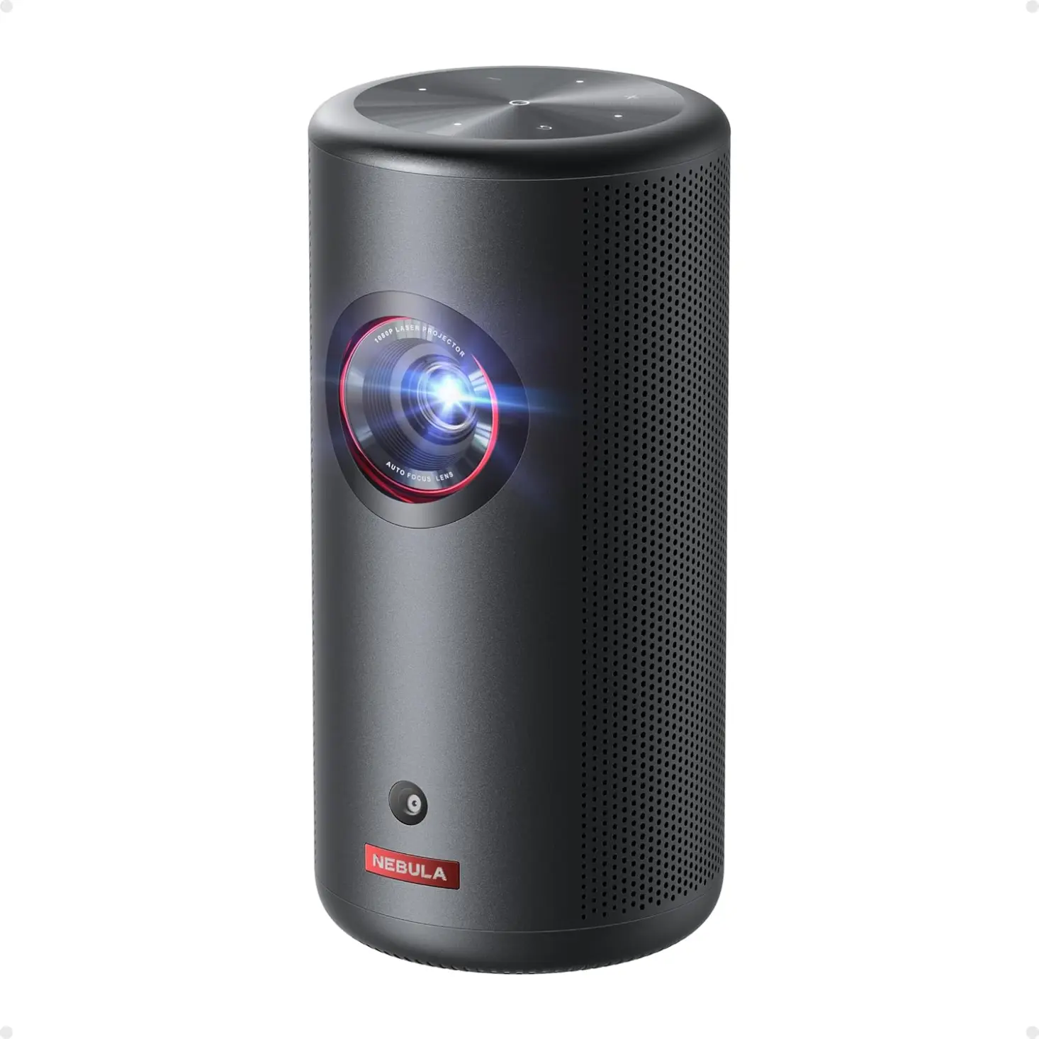 The Anker Nebula Capsule 3 Laser projector in black, showing its iconic "soda can" design