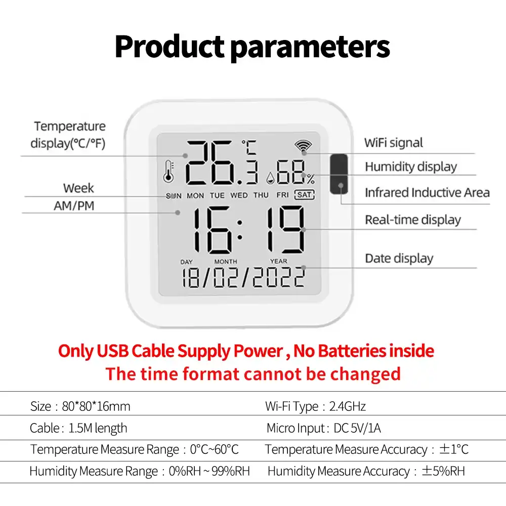 A close-up of the large LCD screen on the Tuya temperature sensor, highlighting its easy-to-read display.