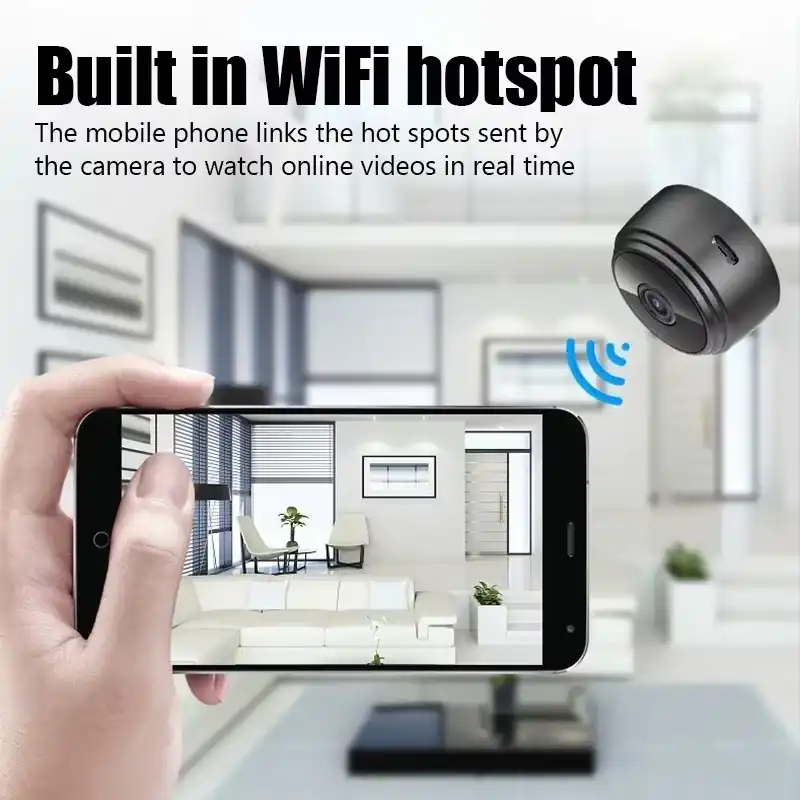 Wireless WiFi Connection Camera The A9 mini WiFi camera connecting wirelessly to a smartphone to view a live feed of a business meeting.